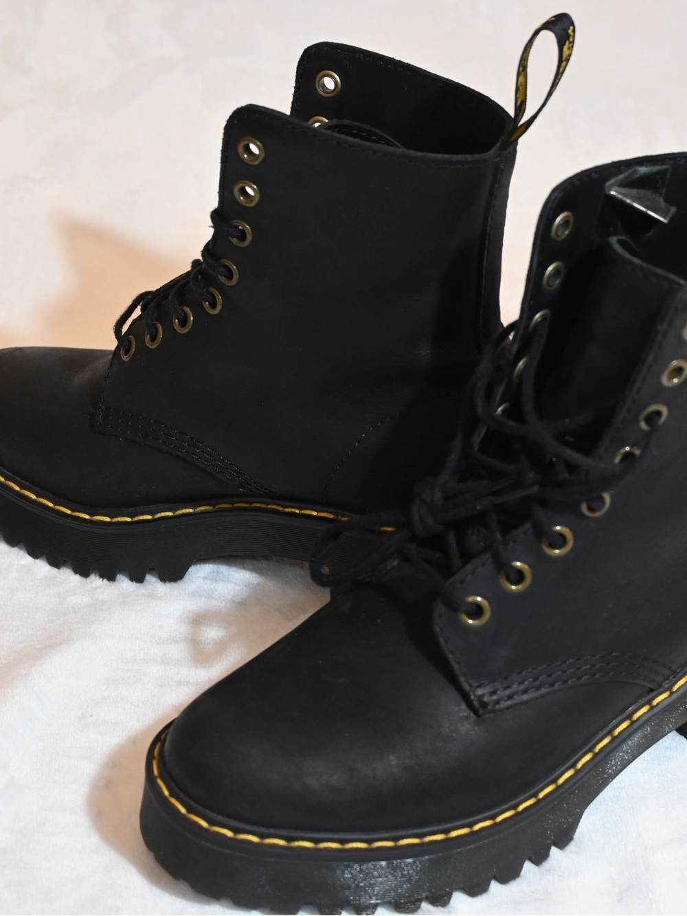 Dr. Martens Black Lace-Up Kids Boots with Yellow Stitching